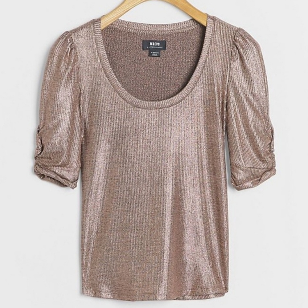 *Maeve X Anthropologie size S Lexi Pilcro Shimmer Shirt Ruched 3/4 Sleeves Scoop
